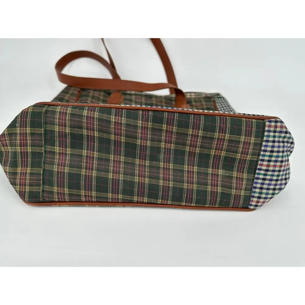Vintage Fossil Canvas Tote Mixed Plaid Cognac Leather Trim Y2K Zip Top